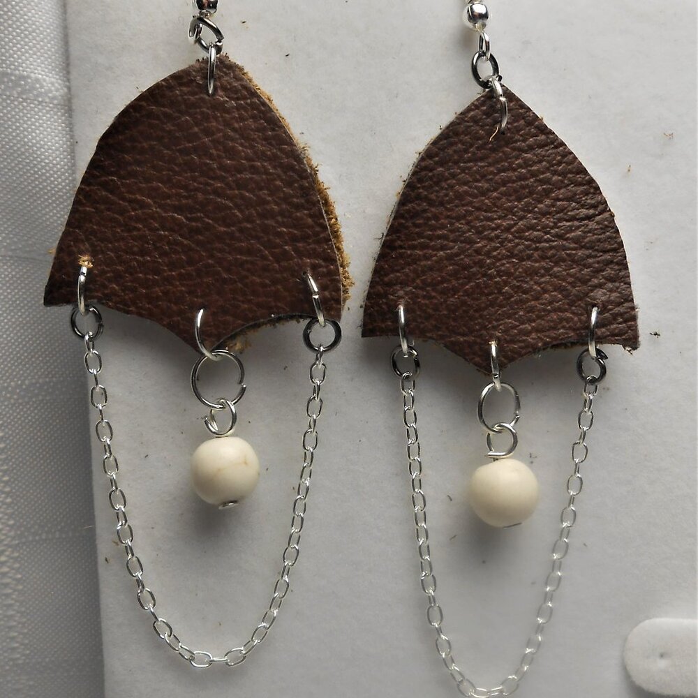 No.1138 Handmade earrings with leather pieces 2 1/2 inches long